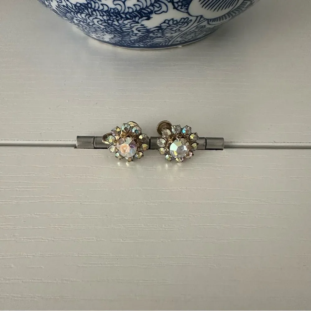 Vintage Rhinestone Floral Clip-On Earrings Gold 1950s 1960s Hollywood Glam Retro